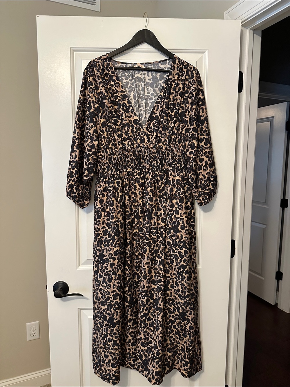 Marine Layer Leopard-Print V-Neck Midi Dress in Tan and Black